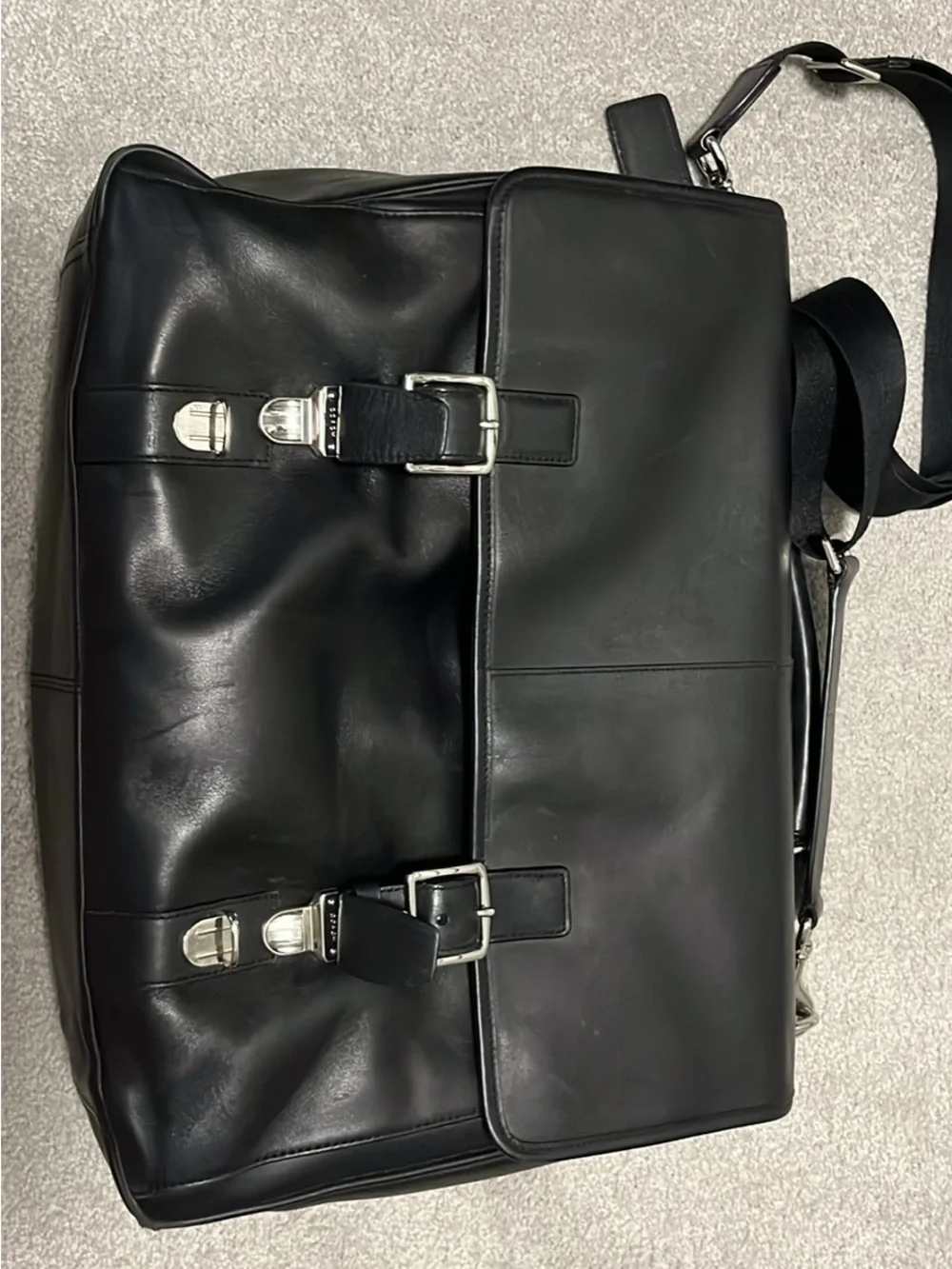 Black Men's Leather Messenger Bag - Classic Buckle Design